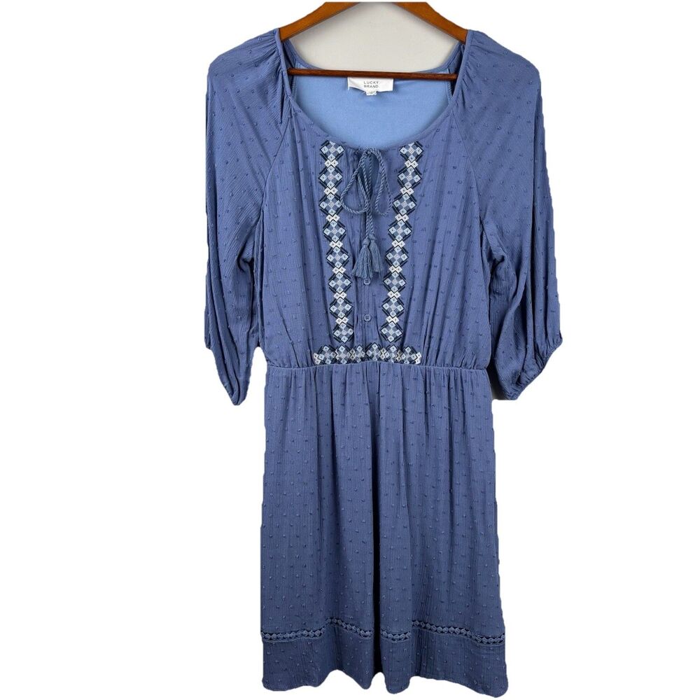 Lucky Brand Women Dress Blue Size Large Boho  V Neck Tie Short Sleeve Smock